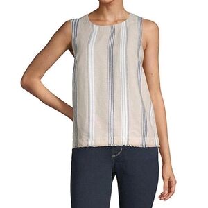 Liz Claiborne Linen Sleeveless Tank Top  Tan With Blue & White Stipes Size Small